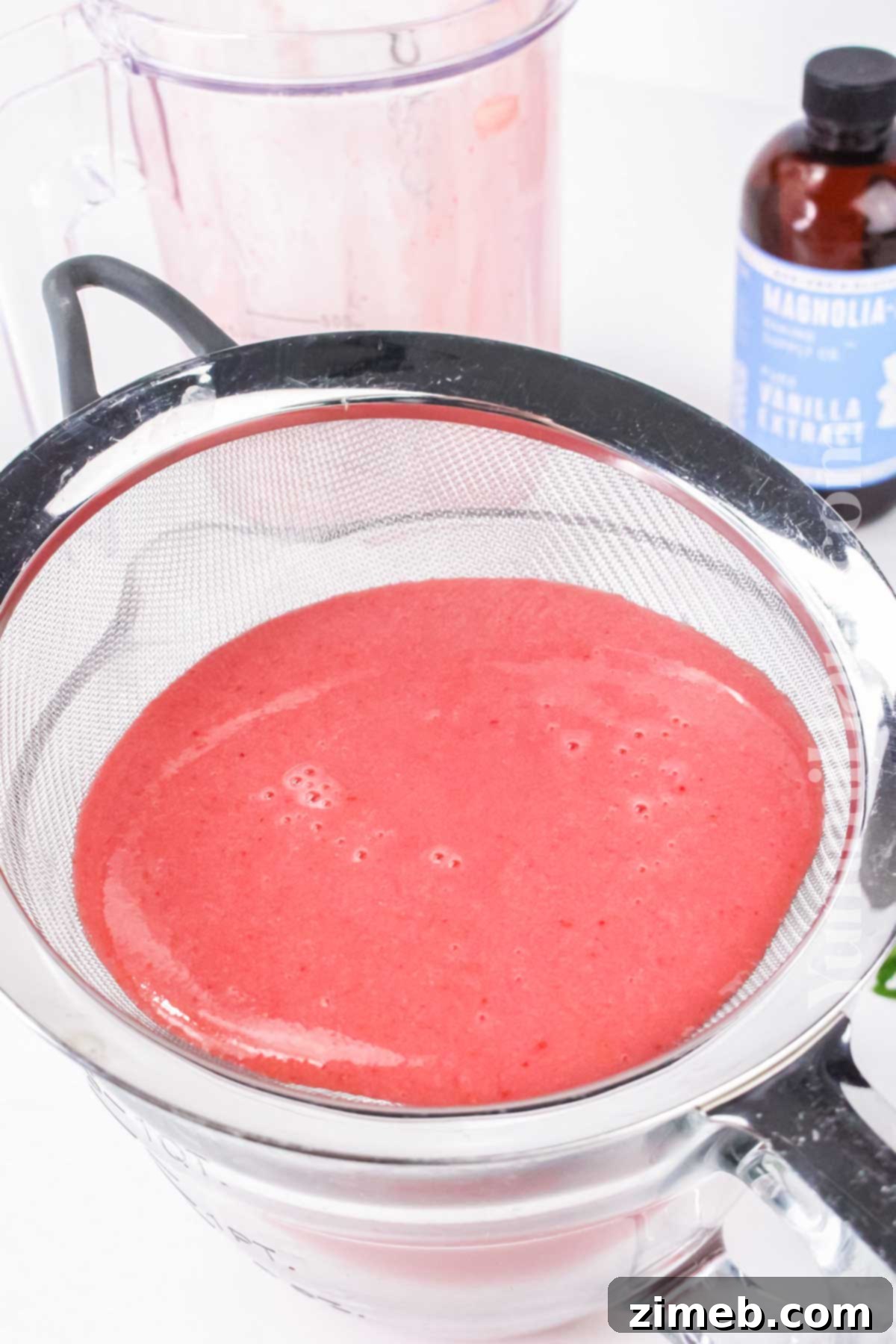 Straining strawberry puree through a fine-mesh sieve.