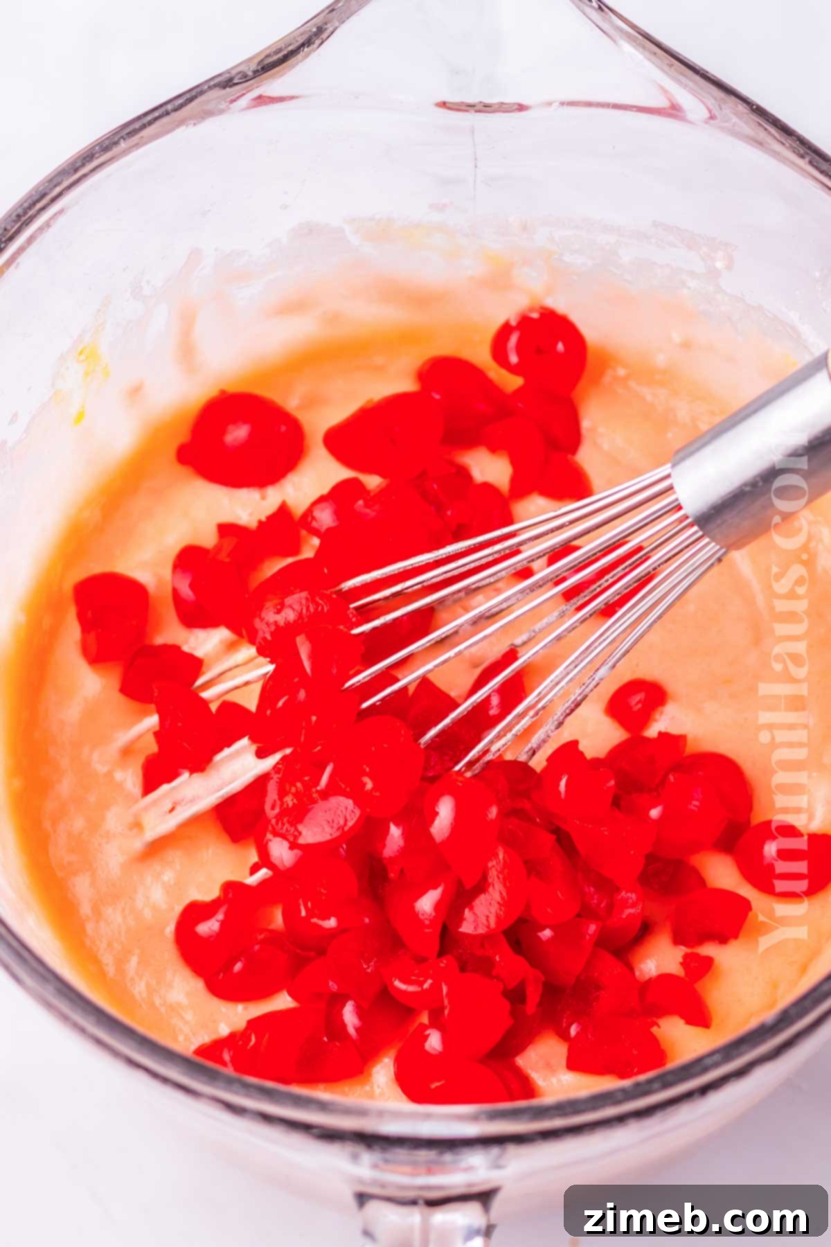 Cherry Confetti Cake 5 Cake batter with cherries