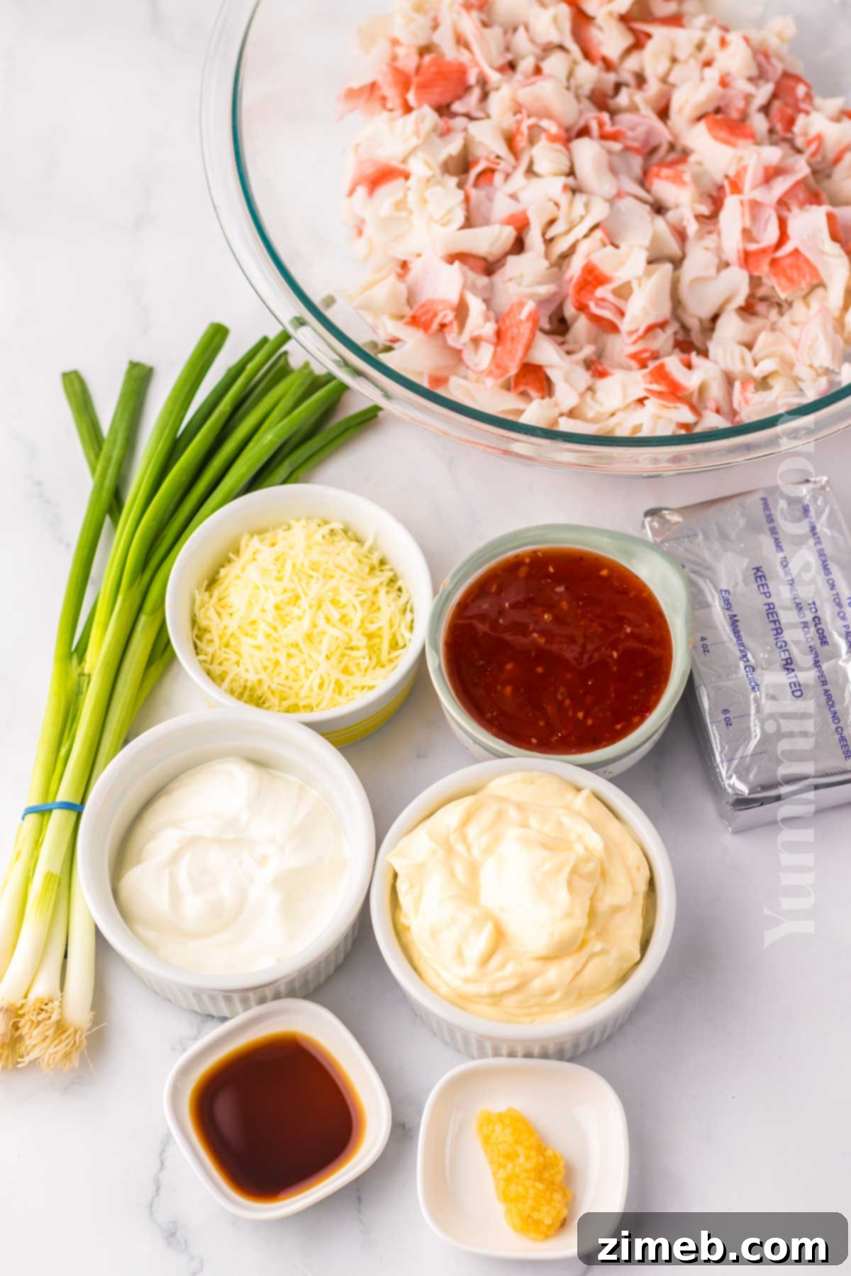 Creamy Wonton Crab Dip 4 Fresh ingredients for making Crab Rangoon Dip: crab meat, cheeses, mayo, and seasonings.