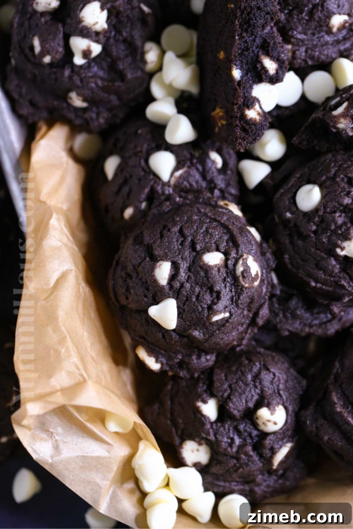 Double Chocolate White Chocolate Cookies 15 Inside out chocolate chip cookies on a cooling rack.
