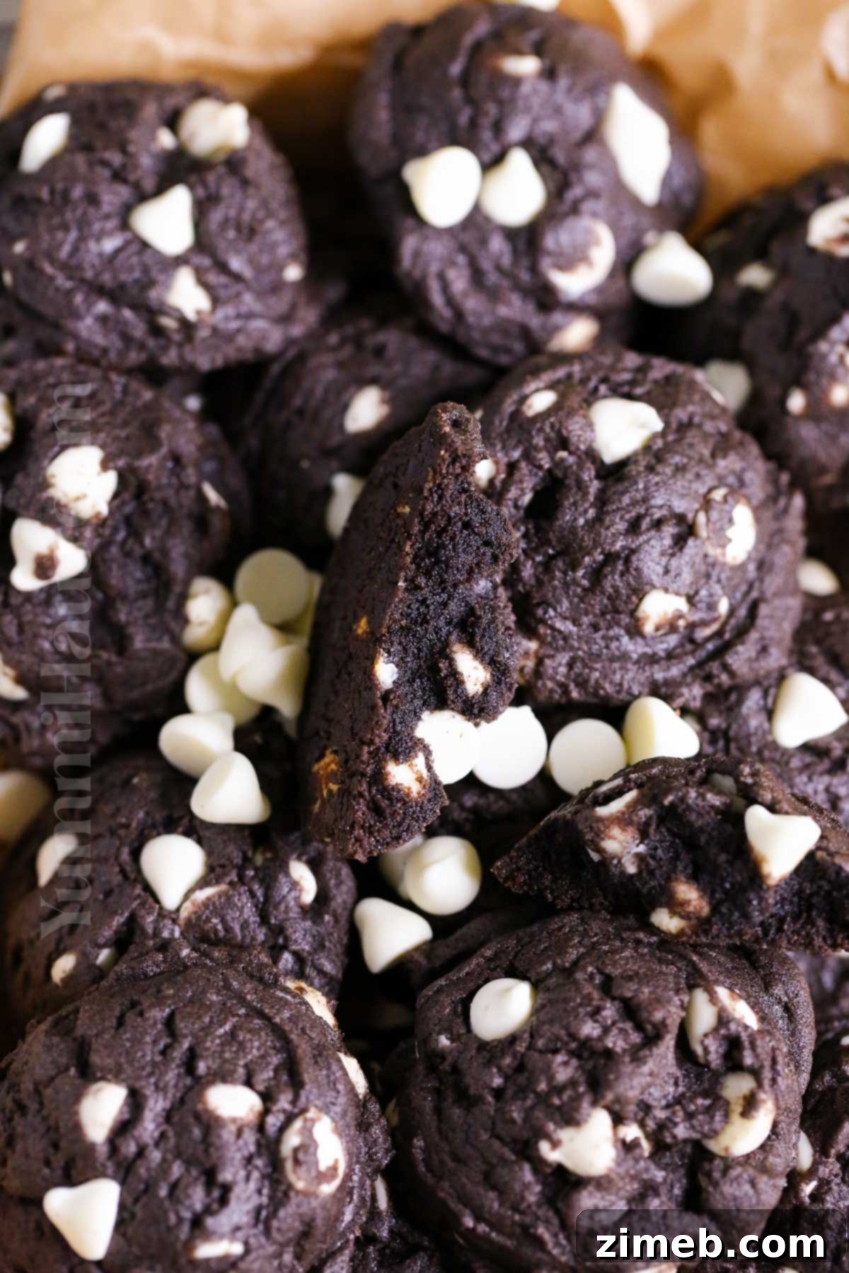 Double Chocolate White Chocolate Cookies 7 A plate of freshly baked fudgy chocolate cookies with white chocolate chips.
