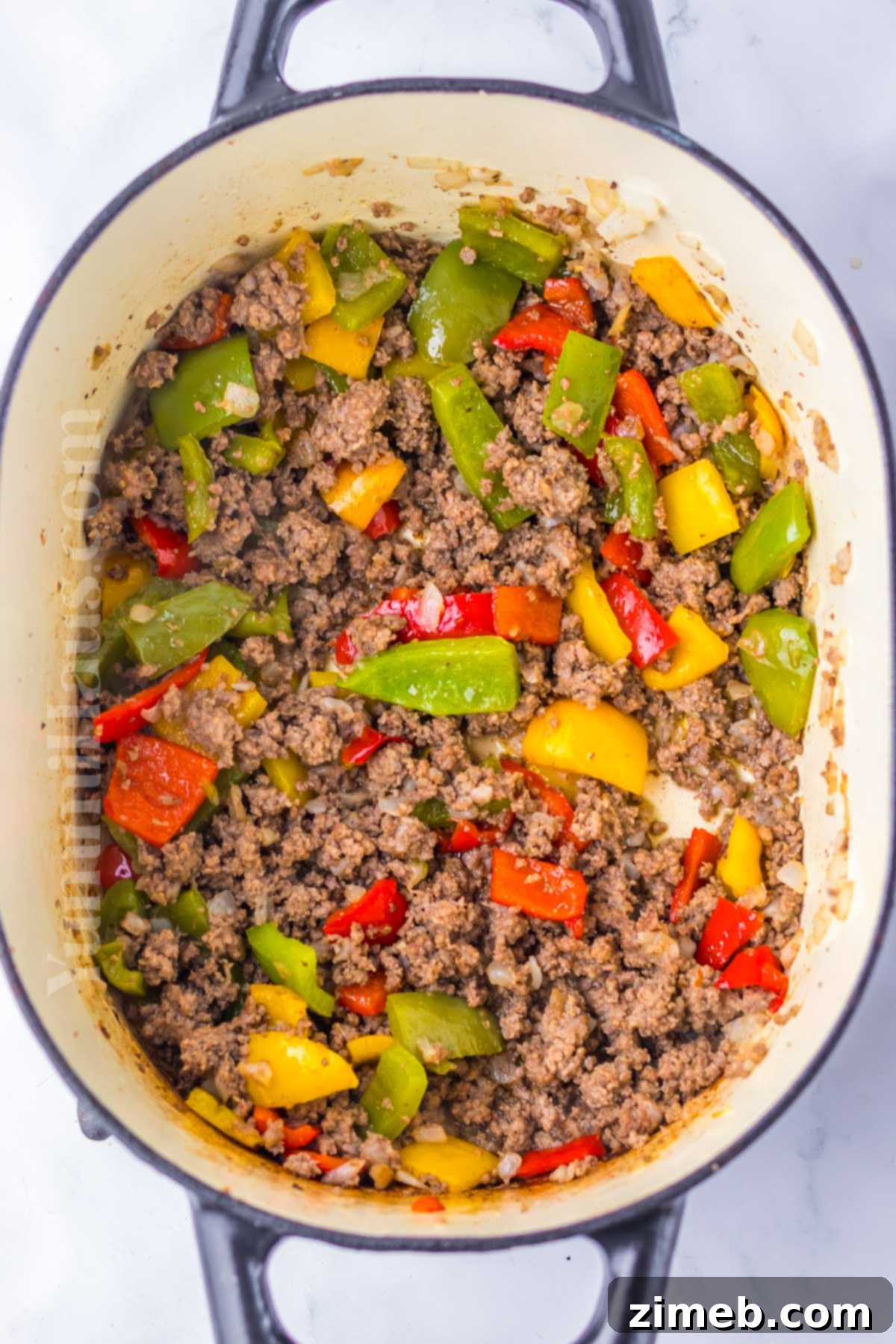 Hearty Bell Pepper and Rice Stew 6 browning the beef and peppers