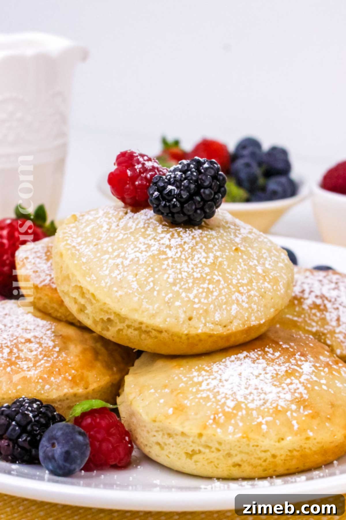 Fluffy Air Fryer Pancakes 3 Freshly cooked air fryer pancakes with berries and syrup