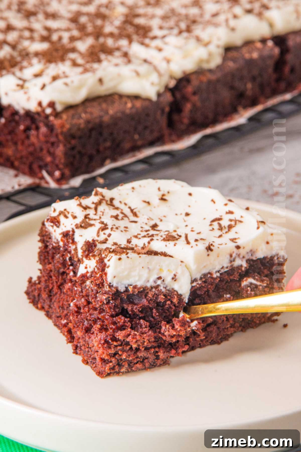 Rich Guinness Chocolate Stout Cake 14 Full Chocolate Guinness Cake topped with cream cheese frosting, garnished with chocolate shavings.