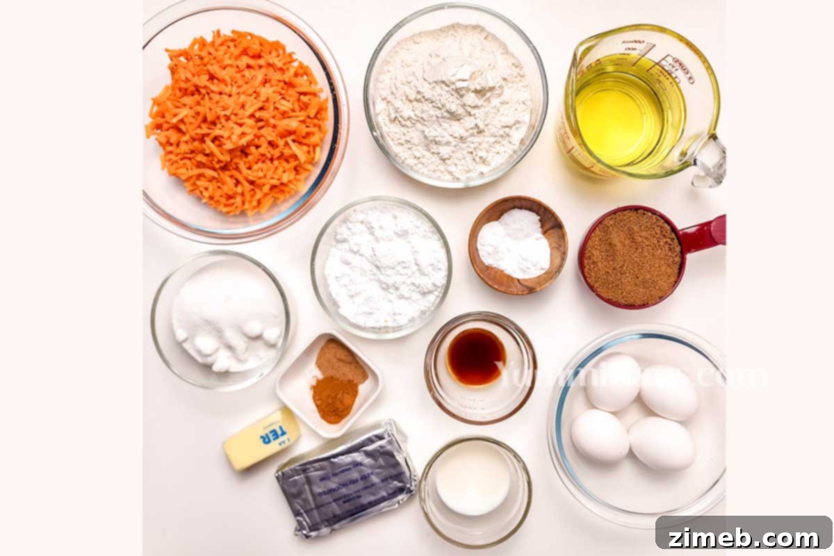Fresh ingredients for making Carrot Bundt Cake laid out on a table.
