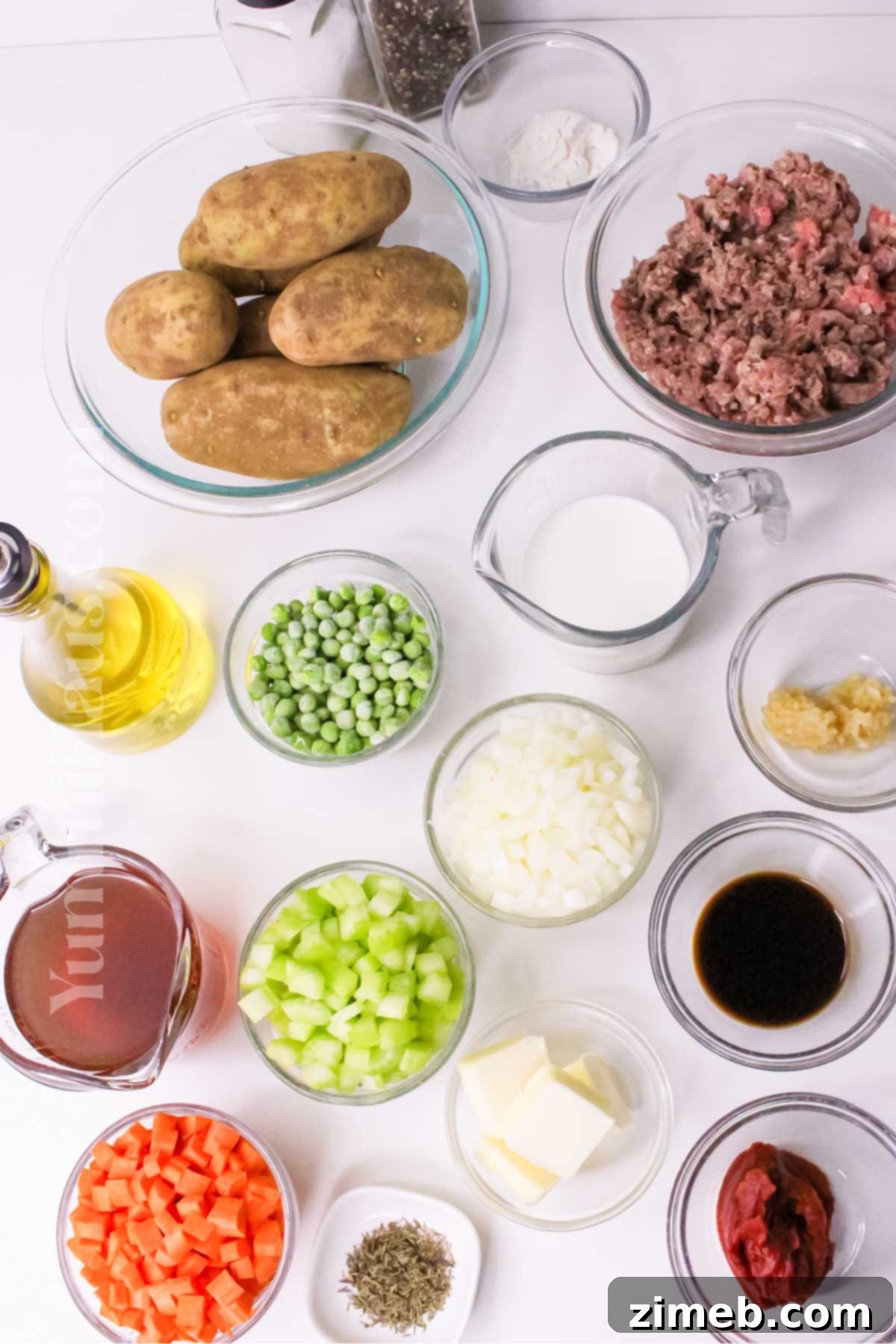 Hearty Irish Cottage Pie 4 Fresh ingredients laid out for making Irish Cottage Pie