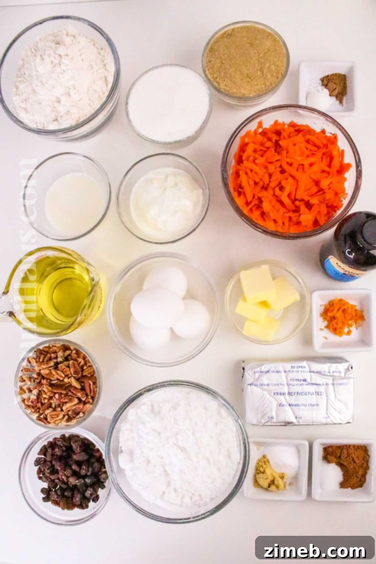 Rich Carrot Cake with Silken Cream Cheese Frosting 4 Carrot Cake ingredients ready for baking