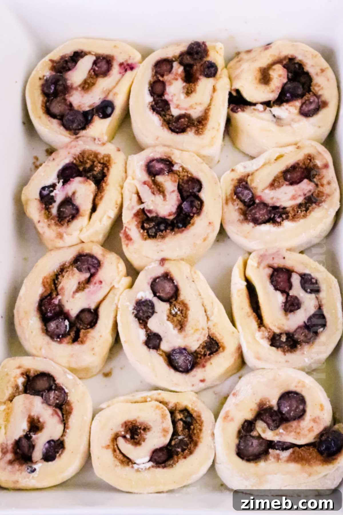 Luscious Blueberry Cinnamon Swirls 8 Blueberry cinnamon rolls arranged in a baking dish, ready for their final rise and baking.