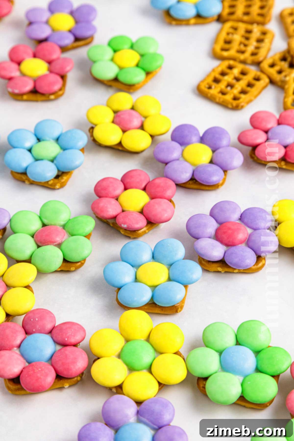 Blossom Pretzel Treats 2 Colorful Flower Pretzel Bites, a perfect sweet and salty spring dessert