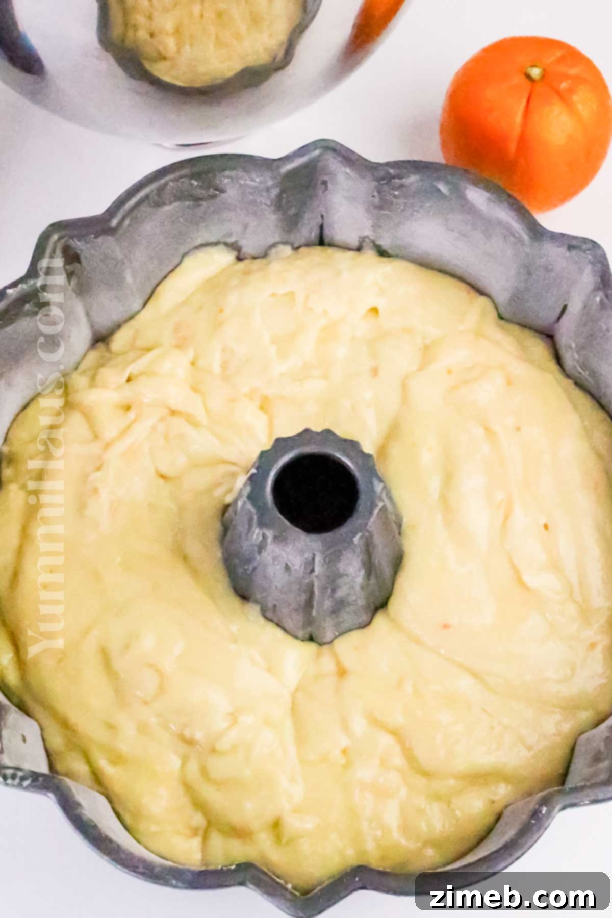 Zesty Orange Loaf 5 Steps for how to make Orange Pound Cake, showing batter in a bundt pan.