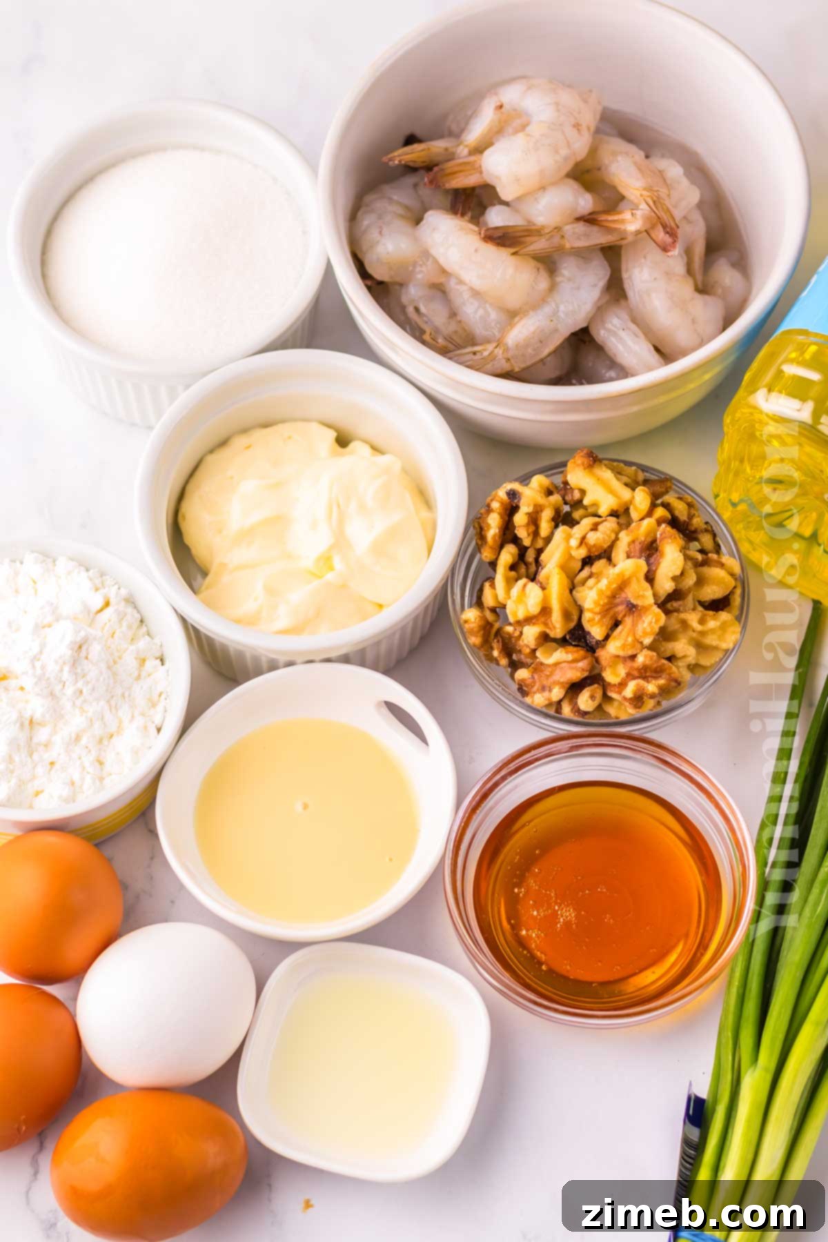 Golden Honey Walnut Shrimp 4 Ingredients for Honey Walnut Shrimp: Fresh shrimp, walnuts, honey, mayonnaise, condensed milk, cornstarch, egg whites.