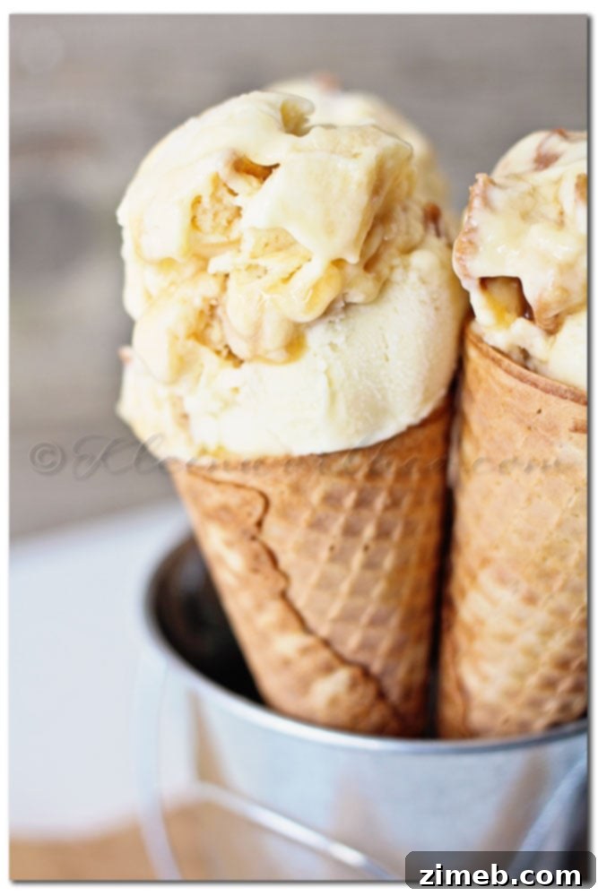Caramel Sugar Cone Frozen Yogurt Sugar Cone Frozen Yogurt with generous caramel swirls and visible cone pieces, showcasing the rich texture.