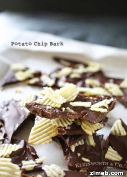 If you are a lover of salty & sweet then this Potato Chip Bark is your perfect easy dessert recipe. Chocolate & potato chips make a tasty treat. I'm telling you- bark recipes top the easy list. But then adding salty potato chips makes it over the top delicious too. Creamy sweet chocolate & crunchy, salty potato chips is heavenly!