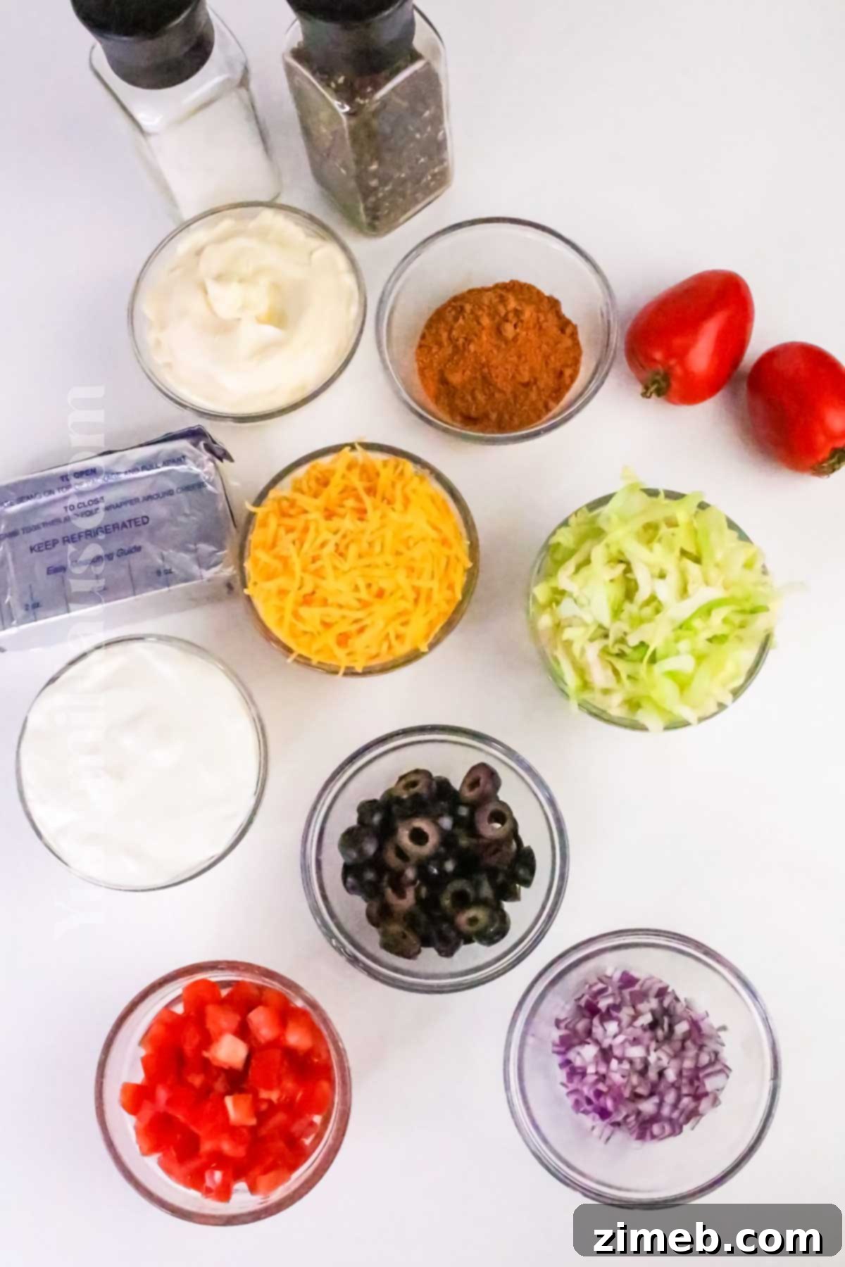 Fiesta Taco Dip 4 Taco Dip ingredients laid out