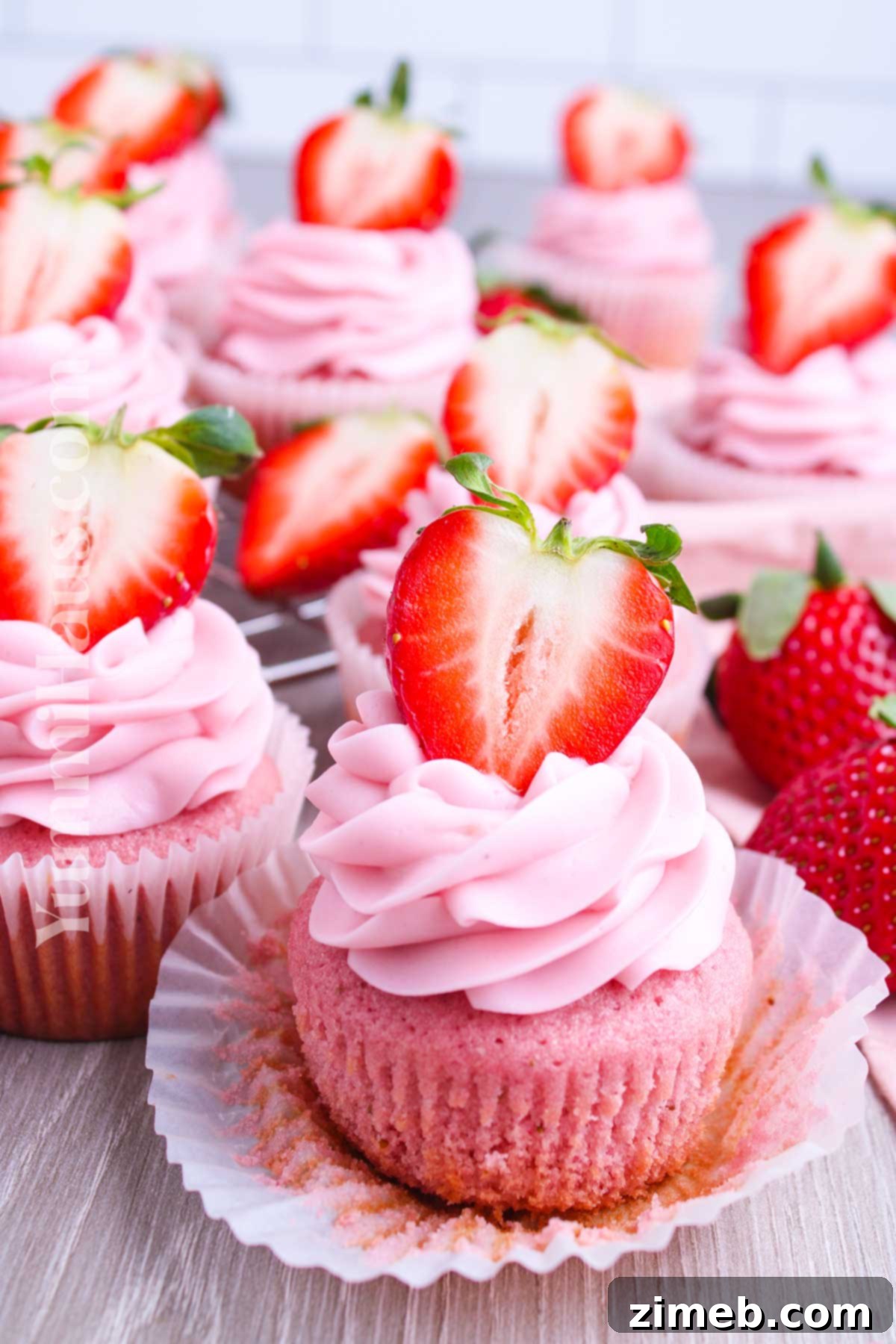 Sweet Strawberry Delights 3 Close-up of two strawberry cupcakes on a white plate