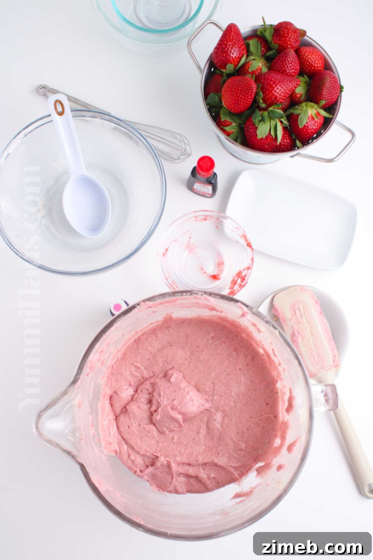 Sweet Strawberry Delights 6 Pink cupcake batter in a stand mixer, showcasing its smooth texture