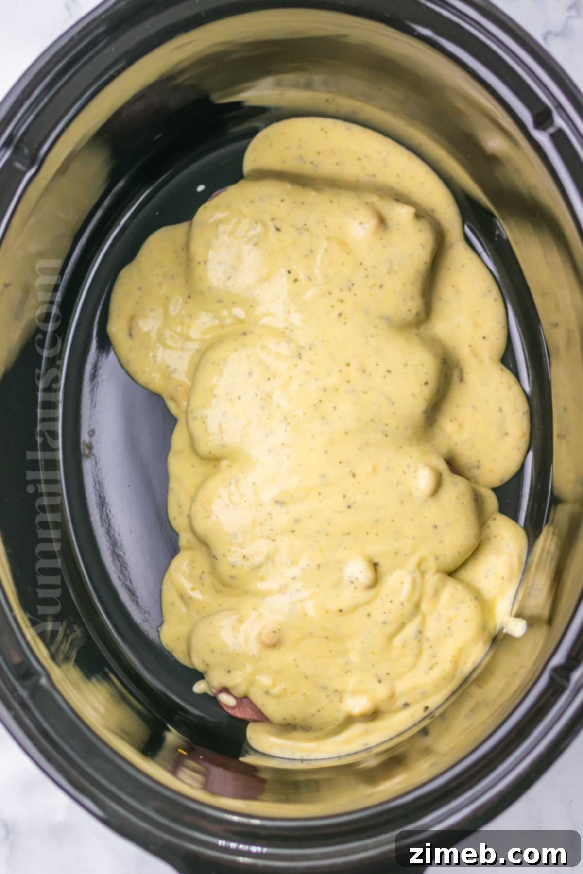 Finished Slow Cooker Ranch Pork Chops ready to be served, showcasing the rich, creamy gravy and tender meat.