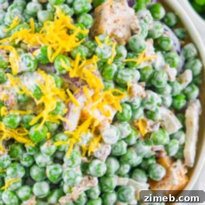 Creamy Green Pea Salad with bacon and cheese.