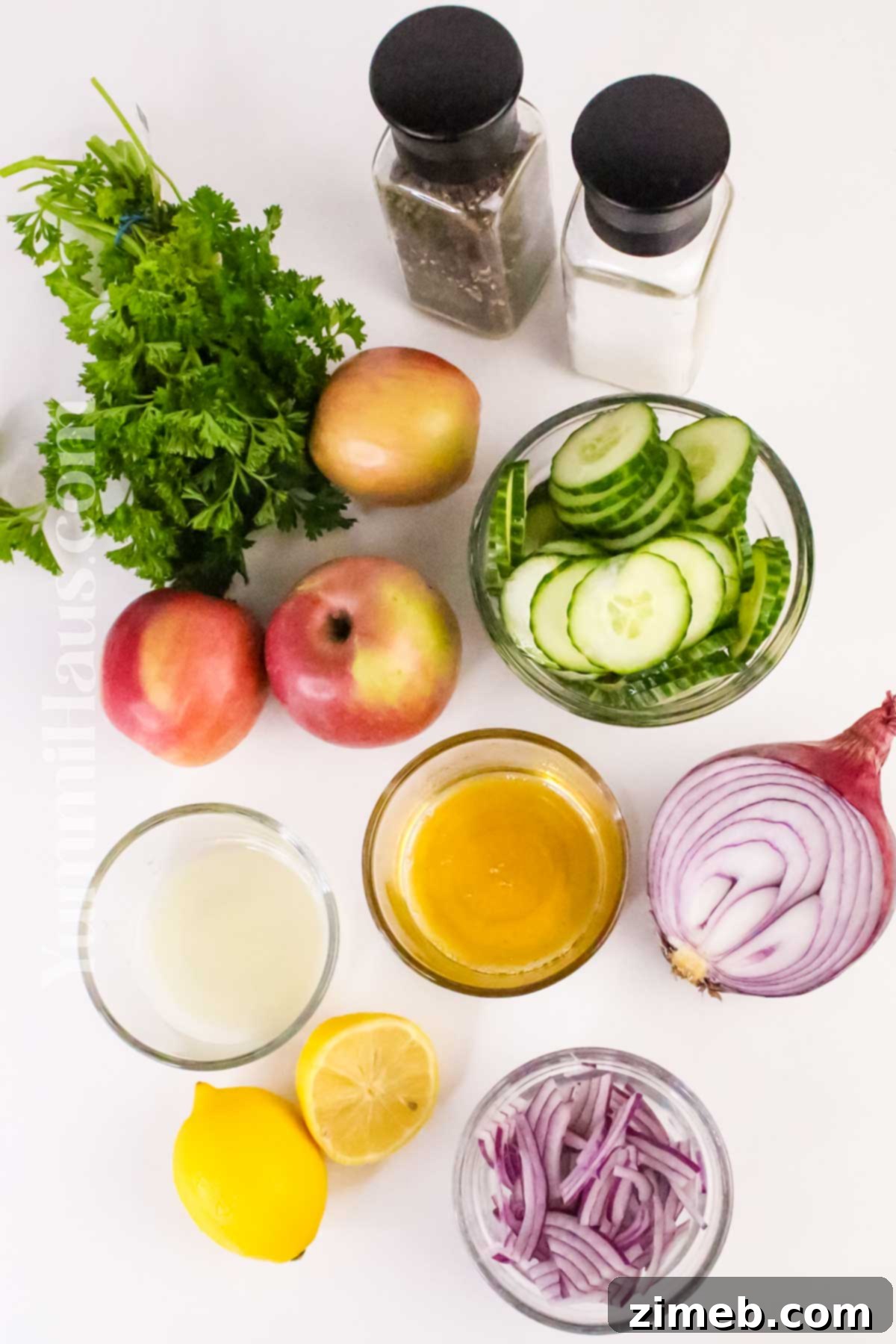 Fresh ingredients for a healthy Apple Cucumber Salad.