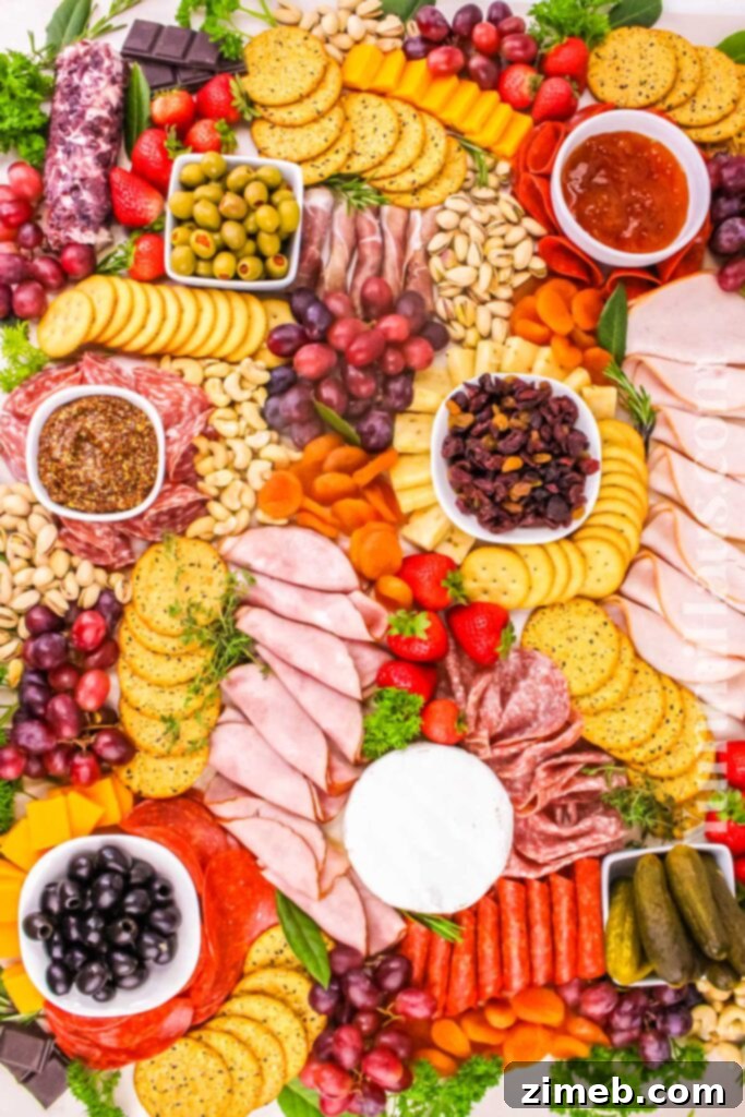 An inviting grazing table laden with a delightful spread of meats, cheeses, fresh fruits, vegetables, and dips, perfect for a festive gathering.