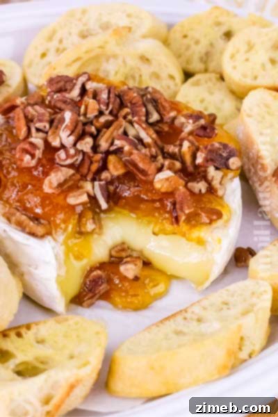 An elegant Baked Brie and Preserves, featuring warm, gooey brie cheese topped with sweet jam and toasted nuts, ready for serving.