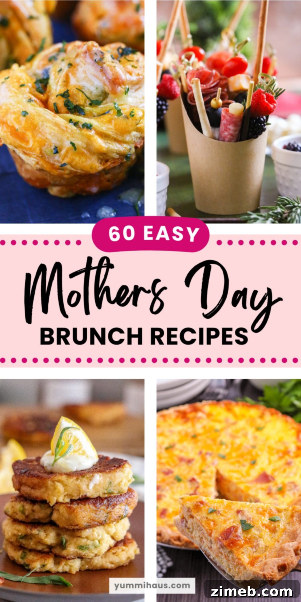 A selection of savory Mother's Day brunch ideas, including quiches, eggs, bacon, and sandwiches, presented beautifully to celebrate Mom.