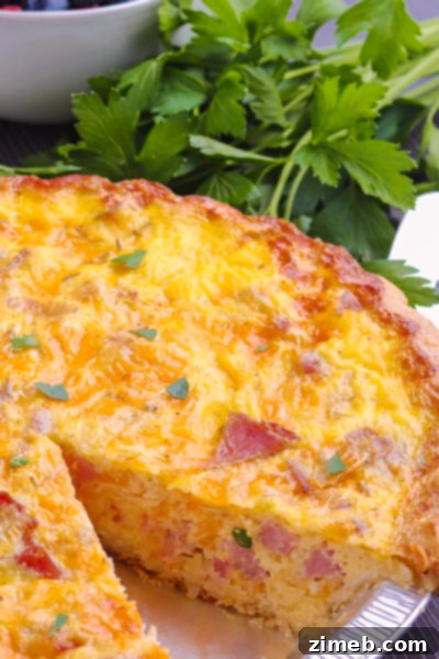 A golden-brown Ham and Cheese Quiche, featuring a flaky crust filled with a creamy egg custard, diced ham, Swiss, and cheddar cheeses.