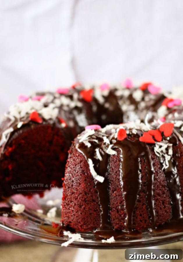 Decadent Red Velvet Bundt Cake with rich Kahlua Ganache for Mother's Day.