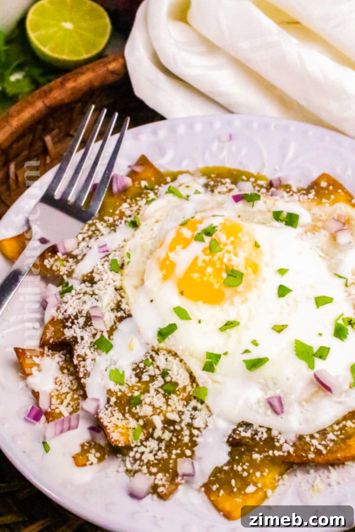 A delicious plate of Chilaquiles Verdes garnished with fresh cheese, crema, cilantro, and red onion.