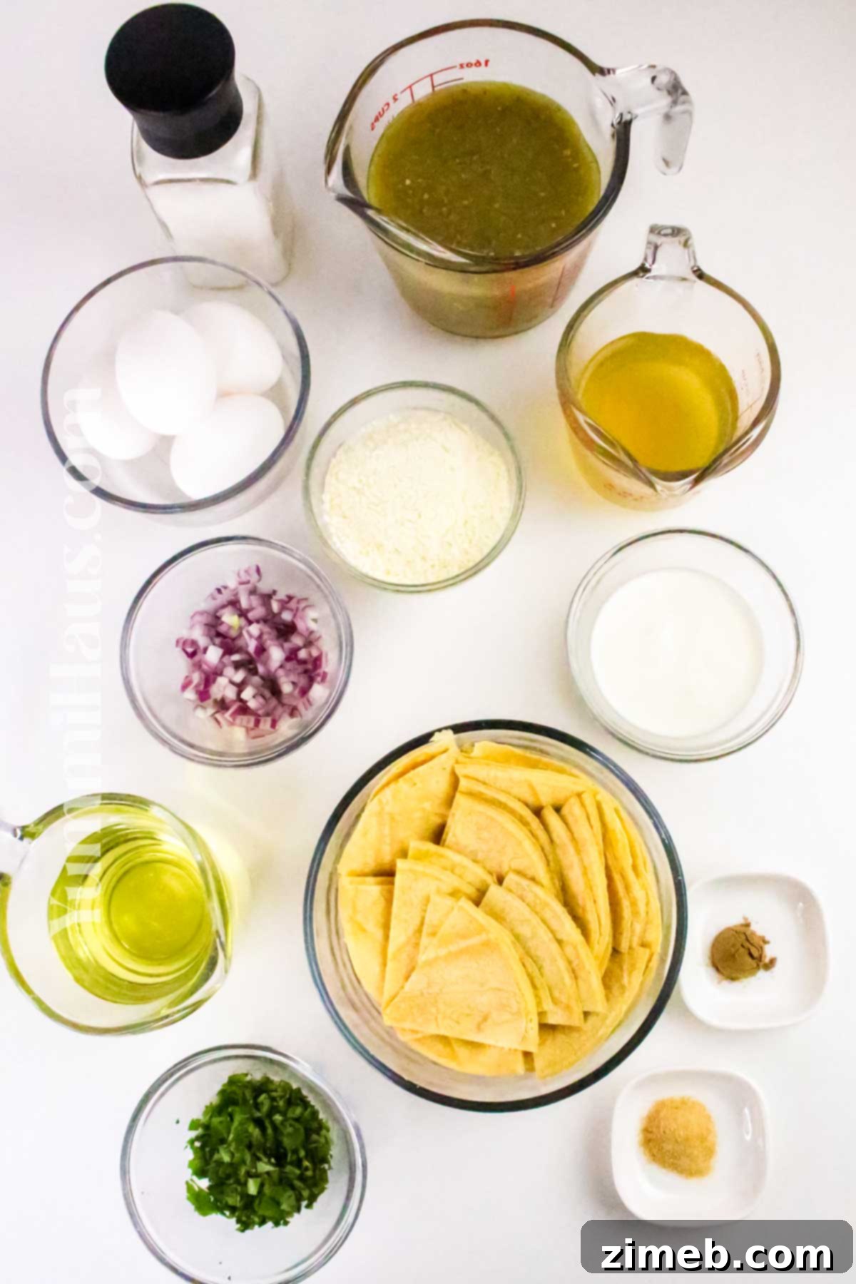 Fresh ingredients for homemade Chilaquiles Verdes including tomatillos, corn tortillas, garlic, cilantro, and chili peppers.