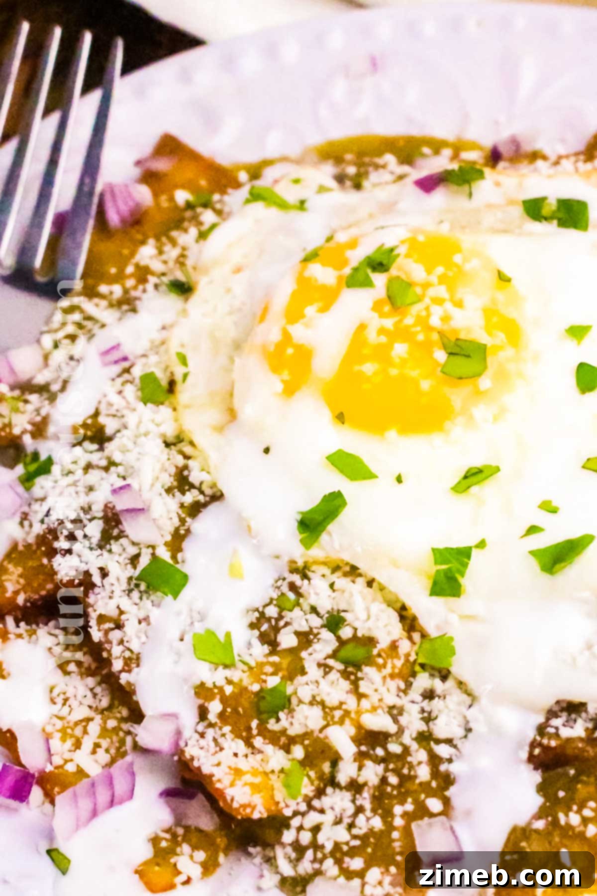 Perfectly cooked Chilaquiles Verdes topped with a fried egg, ready to be served for a hearty Mexican breakfast.