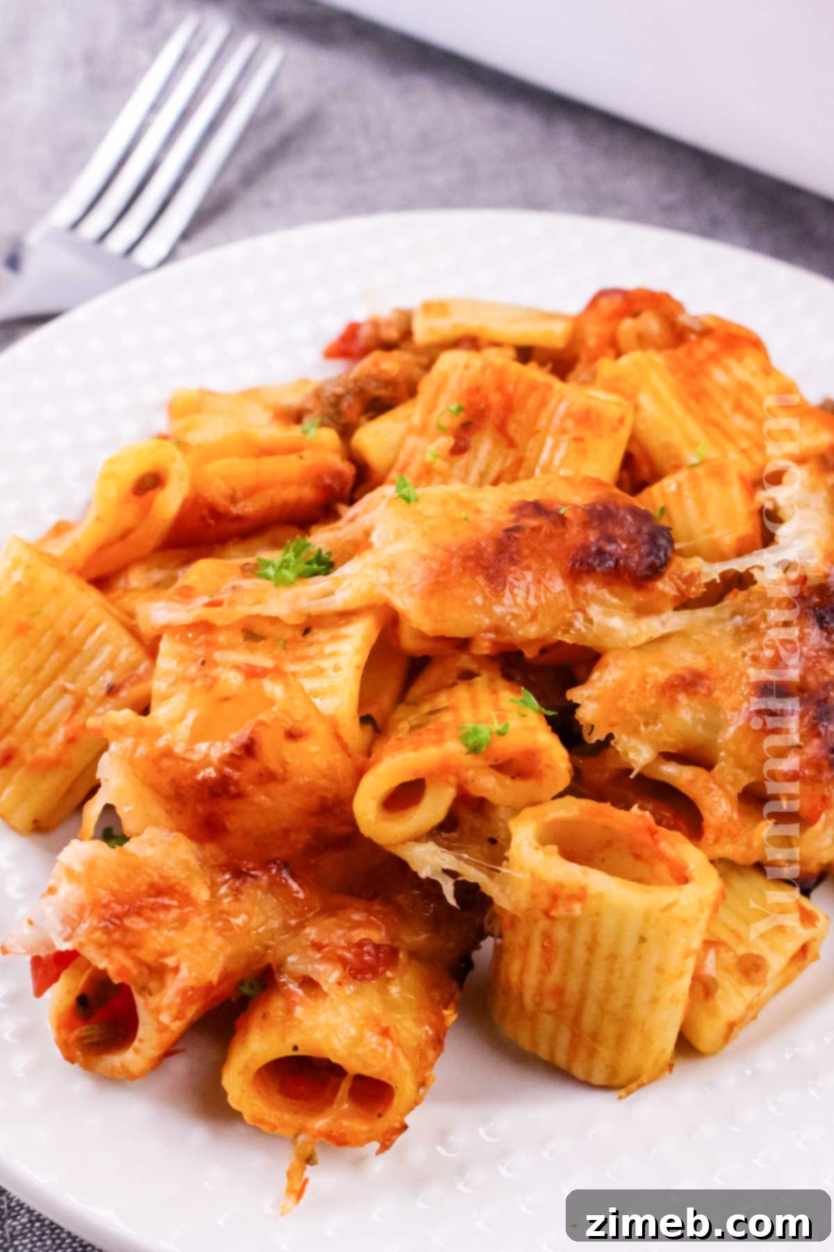 Delicious saucy pasta casserole dinner ready to be served