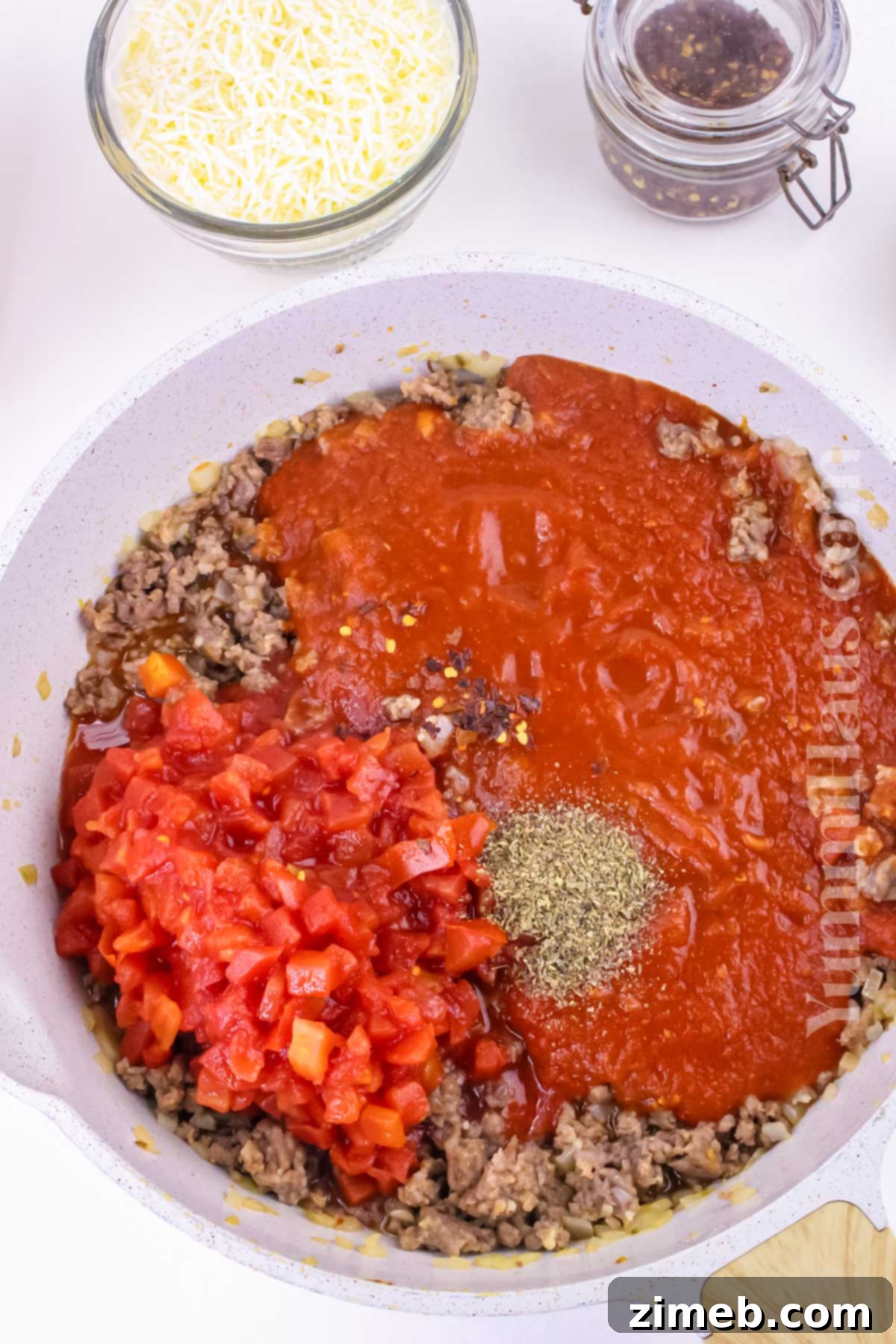 Close-up of making the meat sauce for baked rigatoni