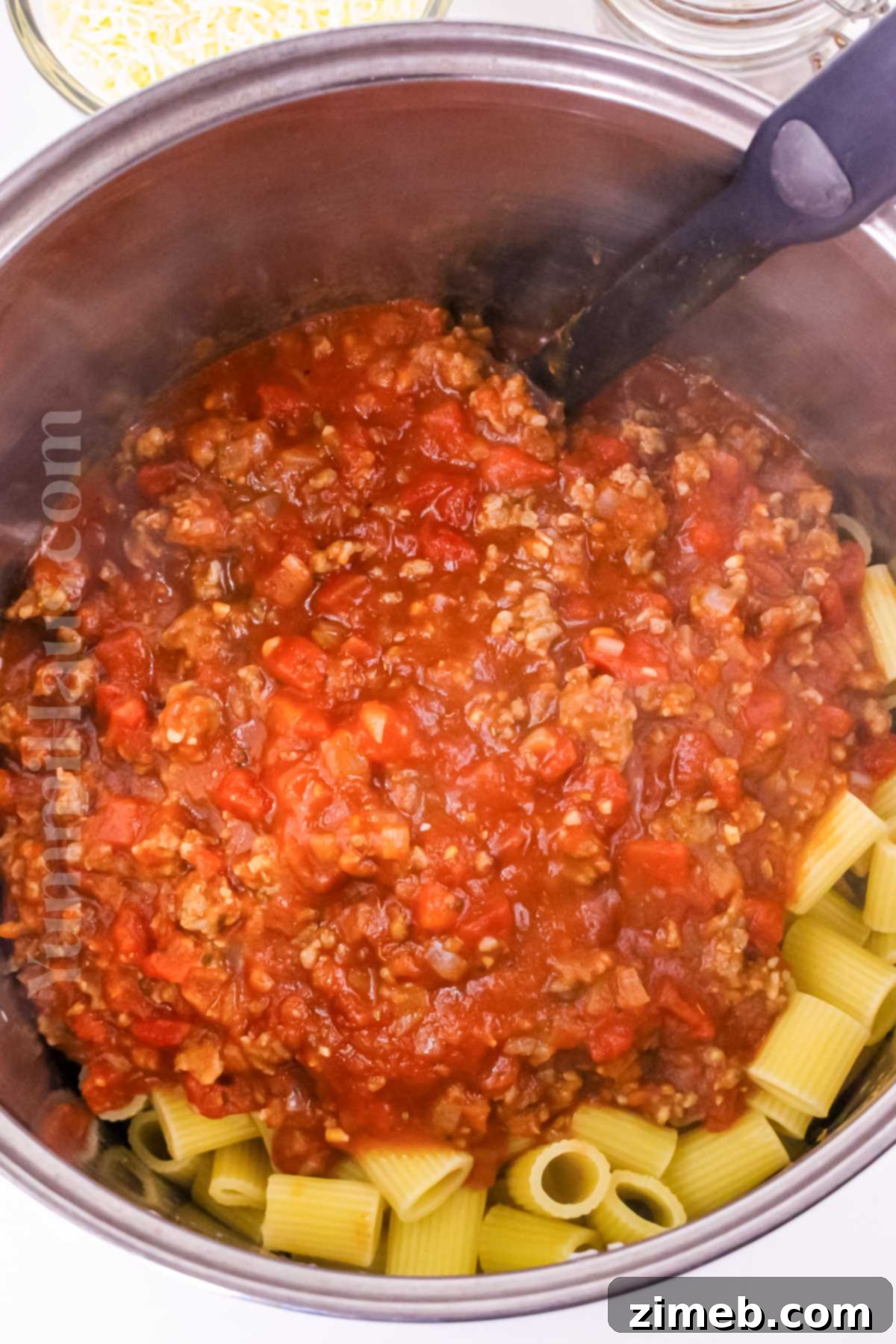 Finished baked rigatoni with sausage casserole, ready to serve