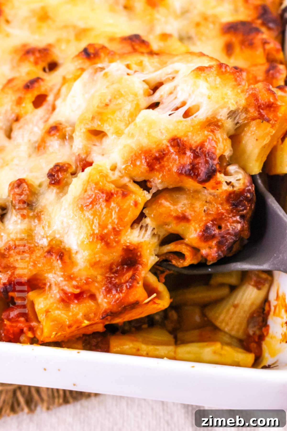 Hearty Rigatoni with Sausage casserole, steaming and ready to eat