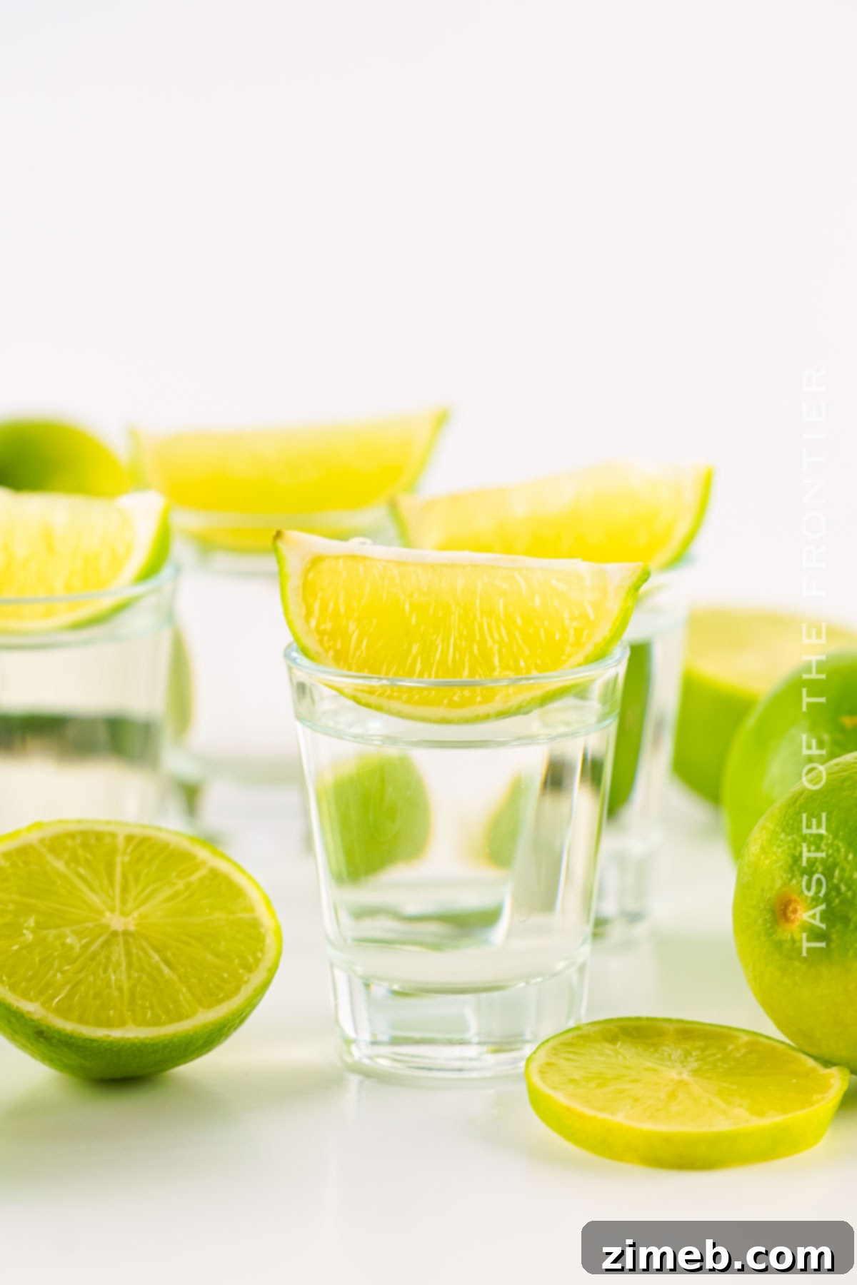 Clear shot glasses filled with bright green Kamikaze shots, garnished with lime wedges, on a textured surface.