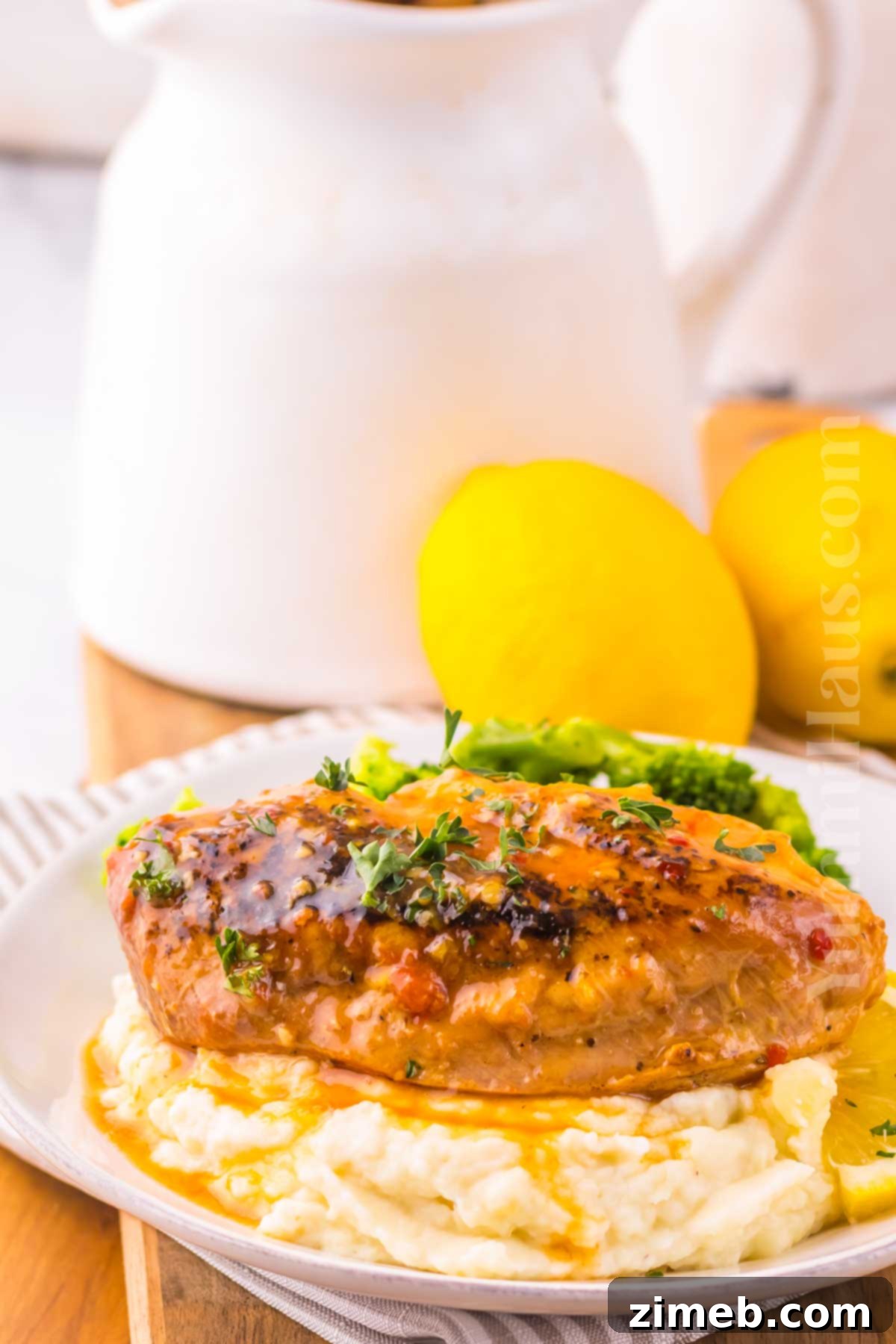 Sweet and Tart Slow Cooker Chicken 8 Crockpot Lemonade Chicken served with rice and fresh herbs.