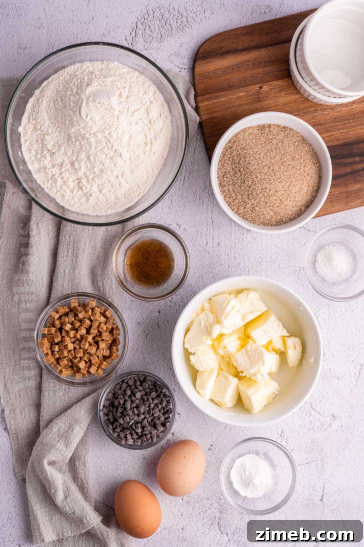 Ingredients laid out for baking caramel cookies.