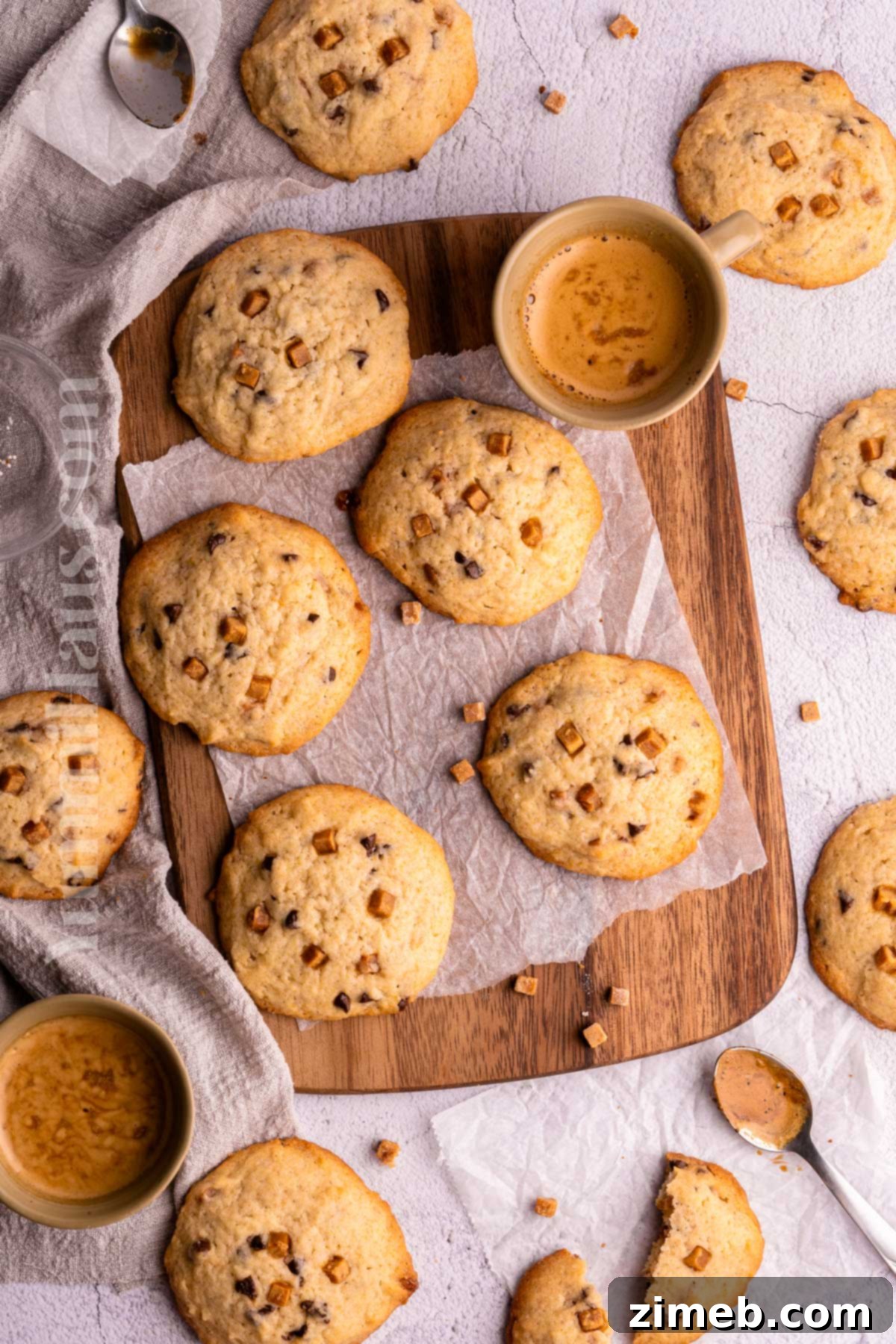 No-chill caramel cookies showing their soft, chewy texture.