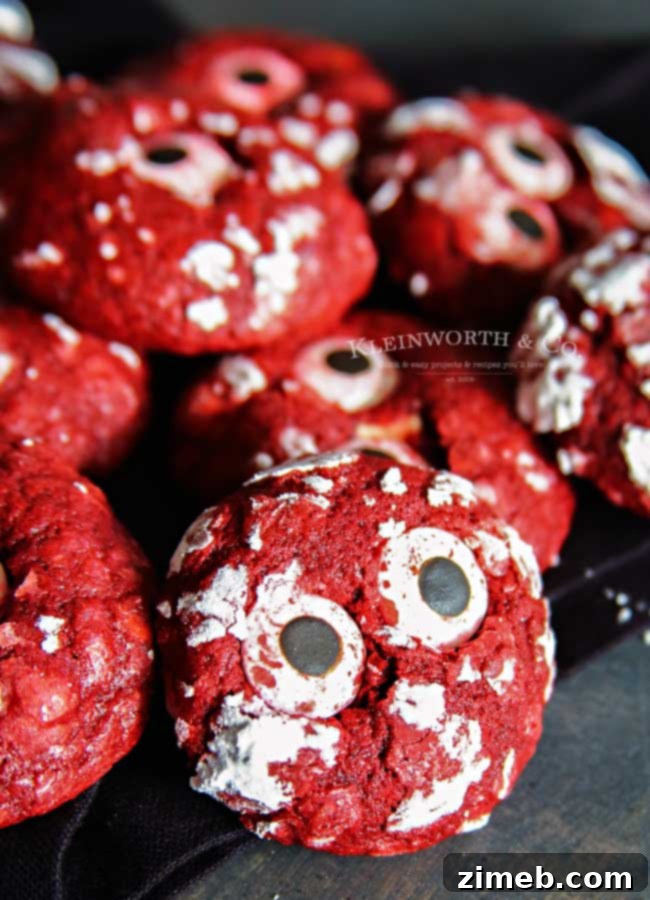 11 Ghoulish Halloween Cookie and Dough Creations 11 Red velvet crinkle cookies with powdered sugar and bloodshot candy eyeballs.