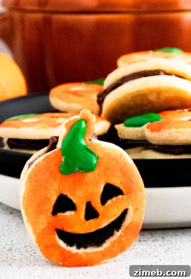11 Ghoulish Halloween Cookie and Dough Creations 13 Pumpkin-shaped shortbread cookie sandwiches with chocolate filling, decorated for Halloween.