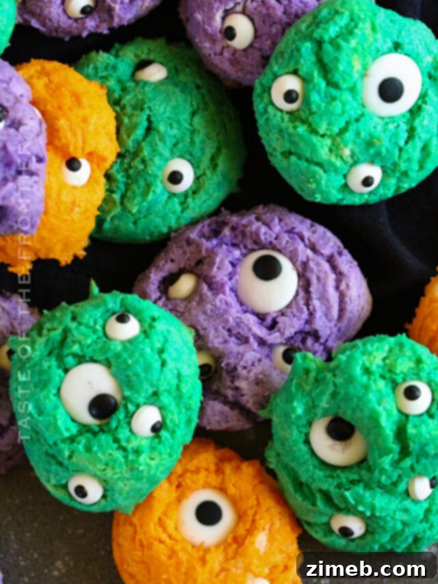 11 Ghoulish Halloween Cookie and Dough Creations 3 Close-up of vibrant green, purple, and orange monster eyeball cookies with candy eyes.