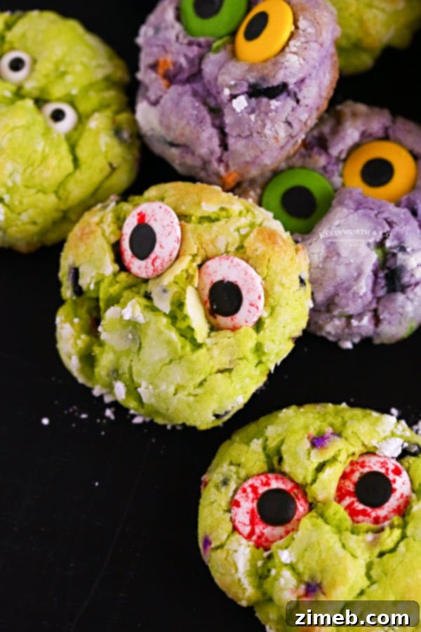 11 Ghoulish Halloween Cookie and Dough Creations 6 Eerie green and purple zombie cookies with cracked effect and candy eyeballs.