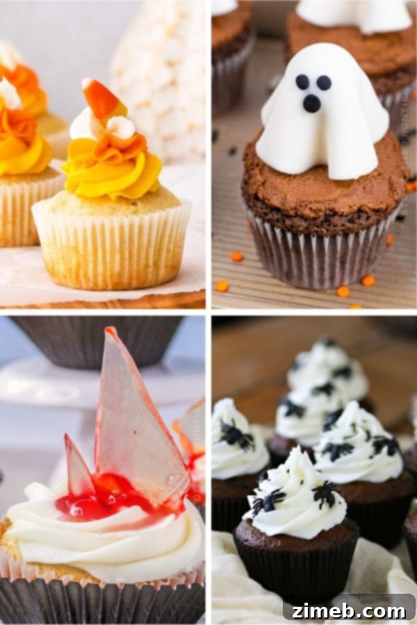 A grand display of all 11 spooky-licious Halloween cupcakes, showcasing diverse designs and colors for an unforgettable party.
