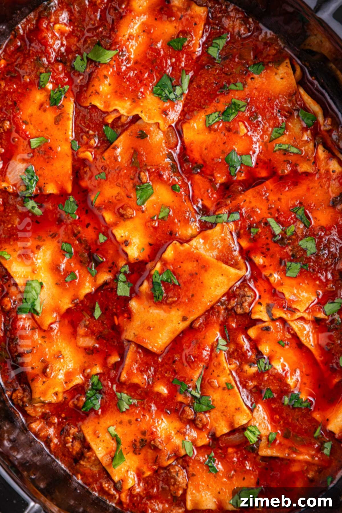 Close-up of fully cooked Slow Cooker Lasagna Soup in a bowl
