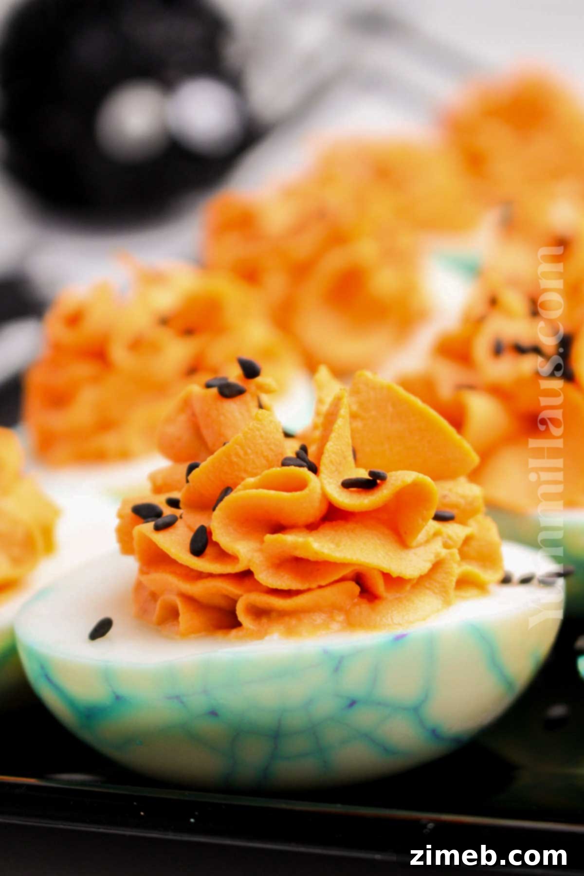 Spooky Deviled Eggs 17 A platter of spooky Halloween Deviled Eggs, ready to serve.