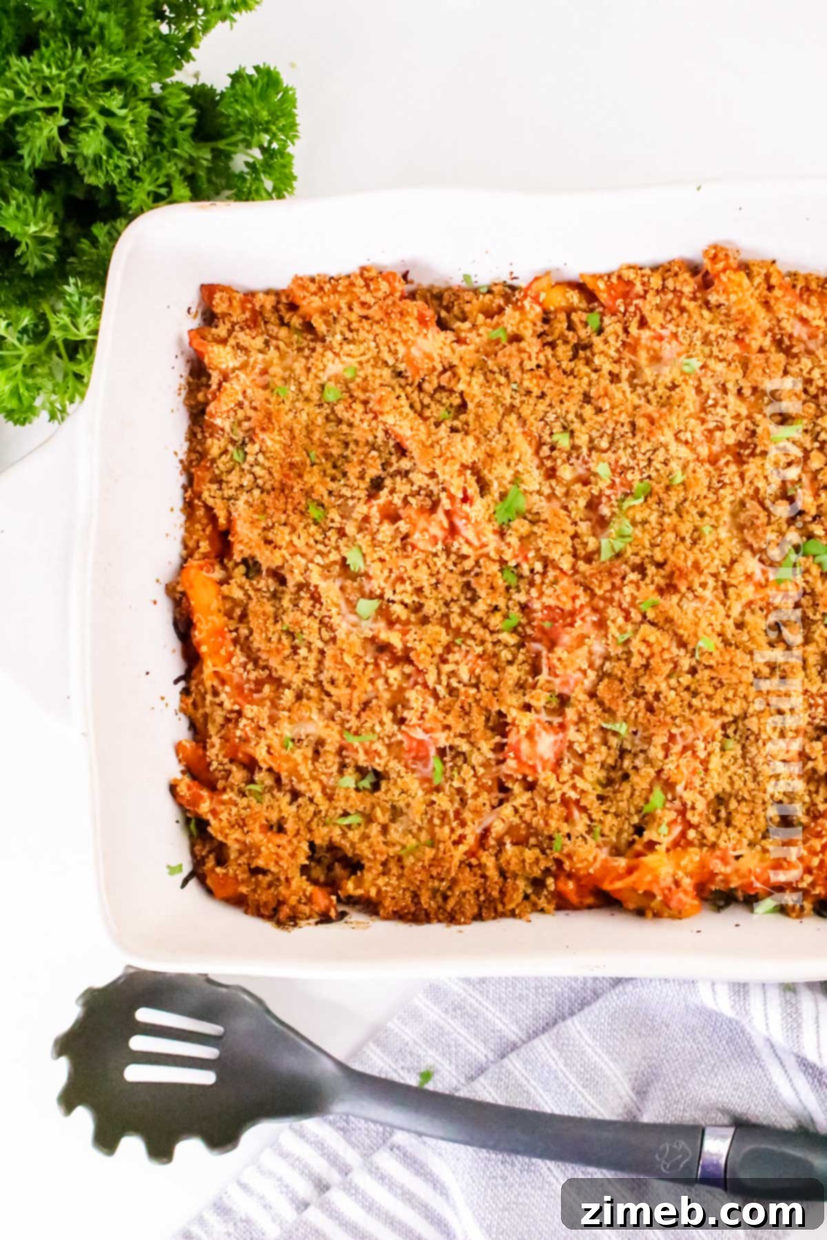 Quick baked pasta dinner, Chicken Parmesan Casserole served.