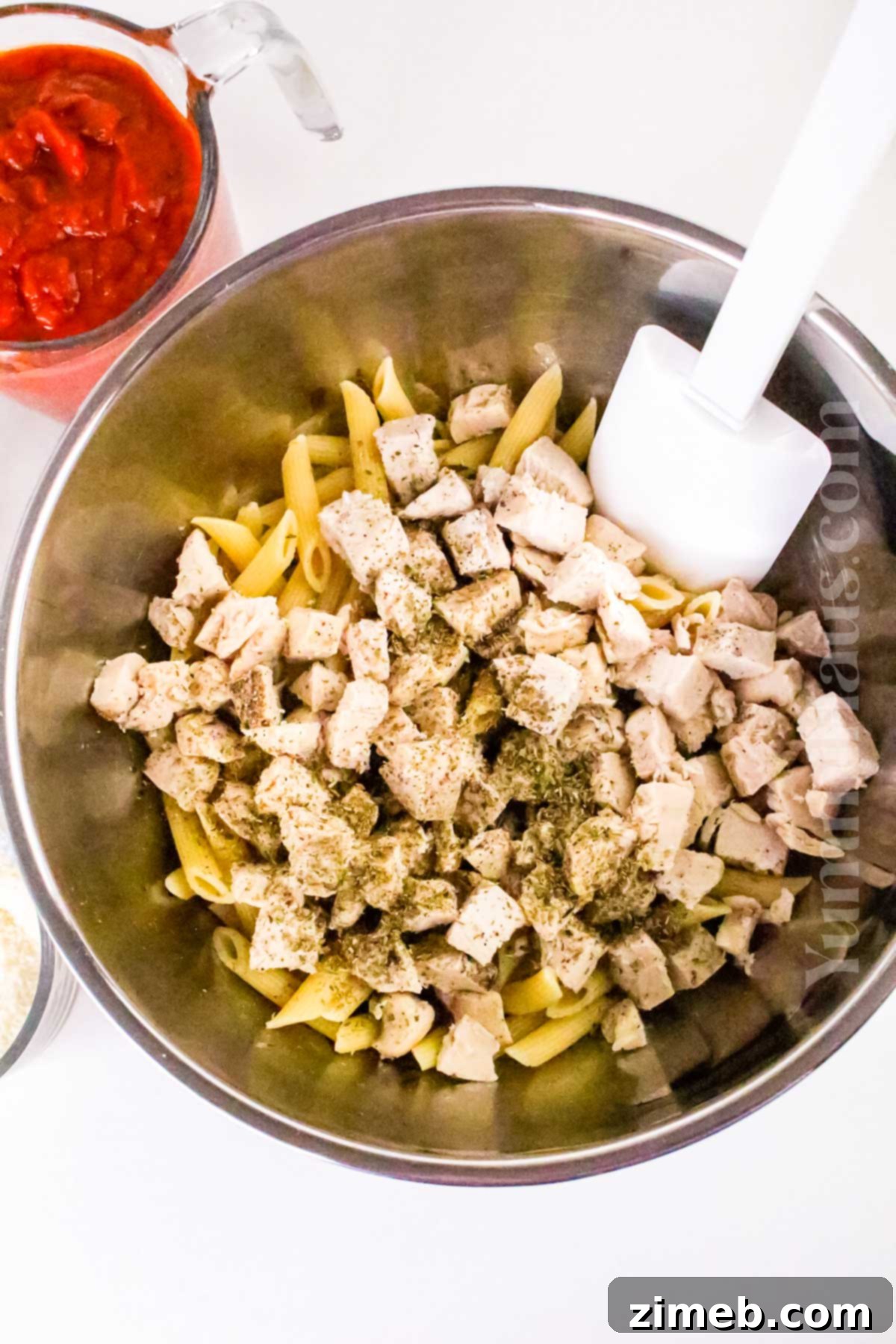 Mixing the ingredients for Chicken Parmesan Casserole in a bowl.