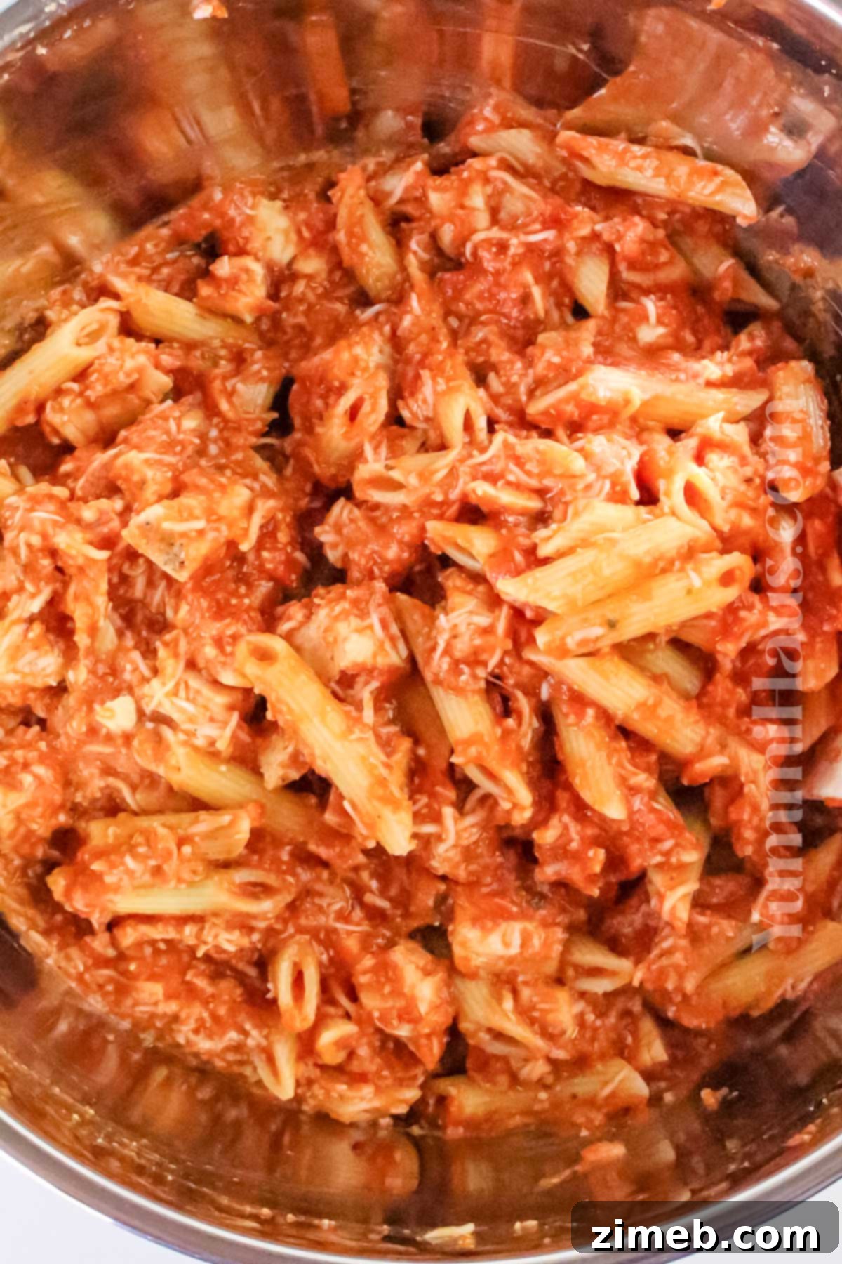 Baked Chicken Parmesan Casserole in a baking dish, ready to serve.
