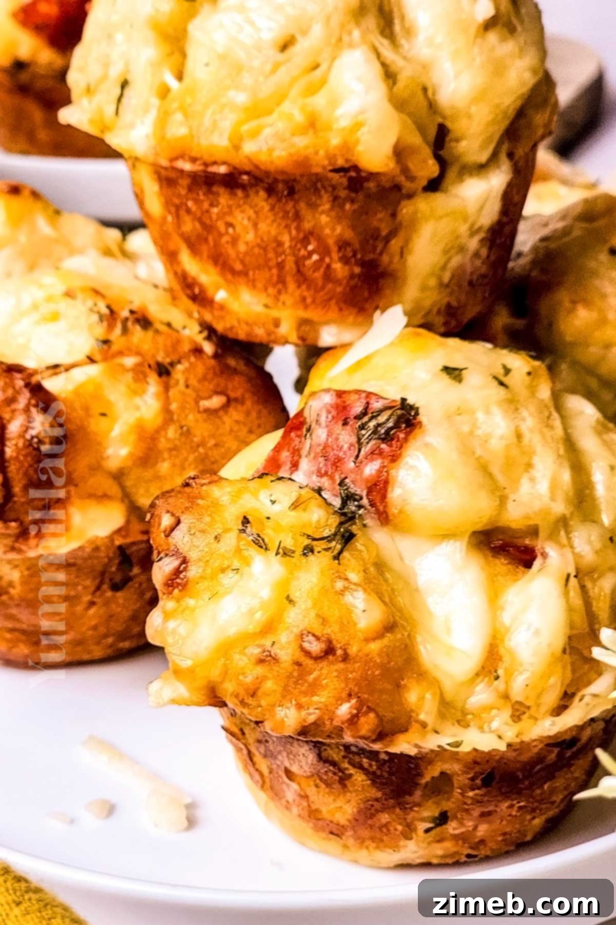 Close-up of a freshly baked pizza appetizer, still in the muffin pan, with bubbling cheese.